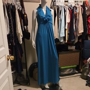Amsale Teal Blue Sleeveless Halter Ruffle Maxi Sundress